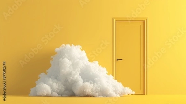 Fototapeta 3D render with yellow background and white clouds flying out of tunnel