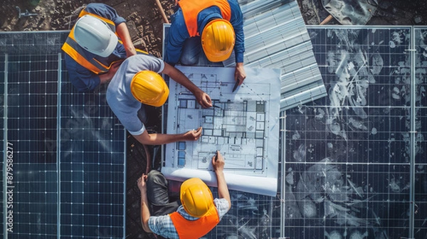 Obraz Top view of group of architect engineer working on solar panel and his blueprints with solar photovoltaic equipment and wind turbine on construction site. clean energy concept