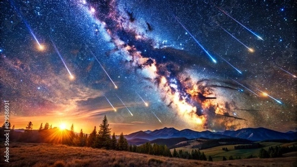 Obraz Serene celestial landscape featuring gentle meteors streaking across a vibrant starry night sky filled with shimmering cosmic dust and gas.