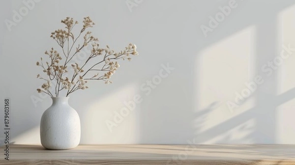 Fototapeta On a wood table, dry flowers are planted in a vase against the background of a white wall. Minimalistic Scandinavian background mockup with copy space.