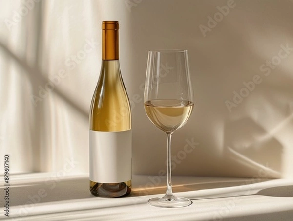 Obraz Elegant Still Life with White Wine Bottle and Glass in Soft Warm Light Mokup

