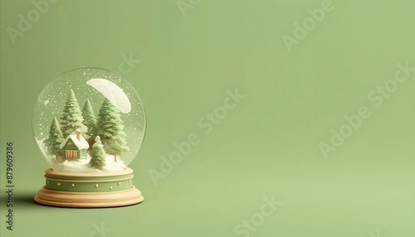 Fototapeta Snow globe banner with winter compose with cute home in minimalistic style with copy space. Green colour simple Christmas background concept for advertisement, shop sale promo, discount announcement.