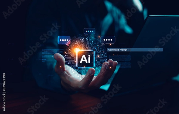 Obraz Ai tech, Businessman show virtual graphic global Internet connect, Chatbot Chat with AI, Artificial Intelligence. Using command prompt for generates something, Futuristic technology transformation.