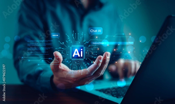 Fototapeta Ai tech, Businessman show virtual graphic global Internet connect, Chatbot Chat with AI, Artificial Intelligence. Using command prompt for generates something, Futuristic technology transformation.