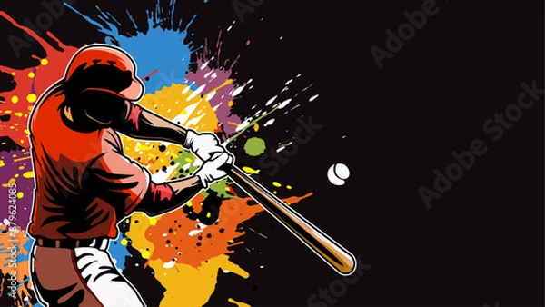 Fototapeta Baseball player. Baseball cap. Hitter swinging with bat. Abstract isolated vector silhouette. 