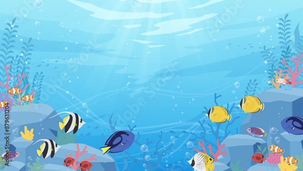 Fototapeta 岩と珊瑚がある海中を熱帯魚が泳ぐ背景イラスト_16:9