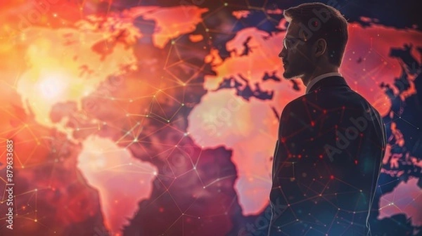 Fototapeta Silhouette of a man in a suit looking at a world map with colorful digital connections, symbolizing global business and technology.