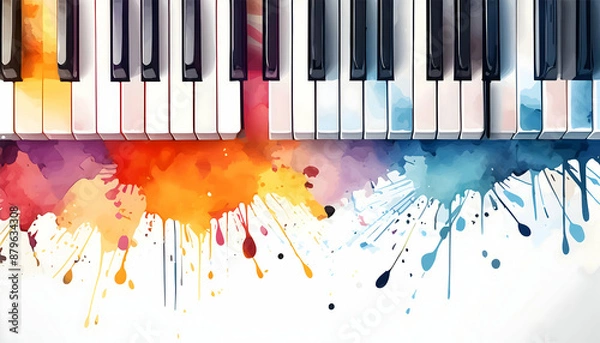 Fototapeta Abstract colorful piano keyboard on watercolor illustration painting background on Generative AI.