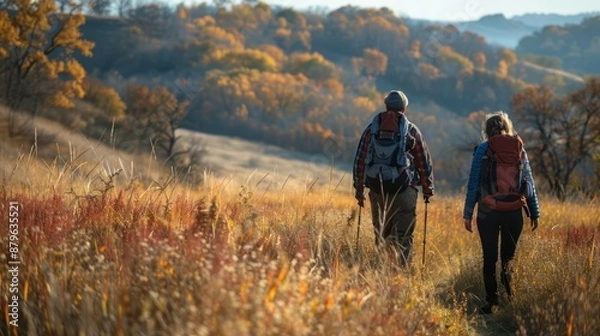 Fototapeta Couple hiking in the autumn countryside with backpacks