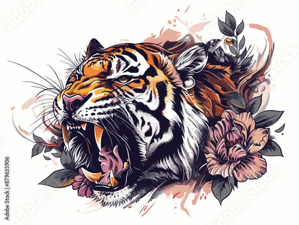 Fototapeta A tiger with its mouth open and flowers in the background. The tiger is angry and ready to attack