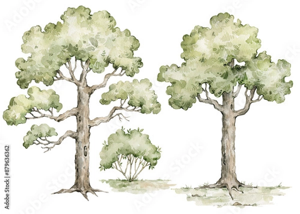 Fototapeta Watercolor set with oak trees. Forest elements for landscape