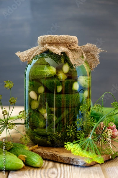 Obraz Jar of pickles on wooden table