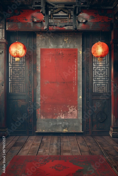 Obraz traditiional chinese palace temple room, lights, plants