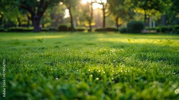 Fototapeta Closeup of beautiful green lawn in park Action Movement on surface of green lawn in park on sunny summer day Beautiful manicured lawn in park : Generative AI