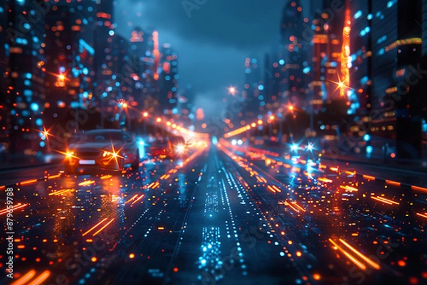 Fototapeta Futuristic highway with cars, silhouette logo in the wireframe style on a dark blue background