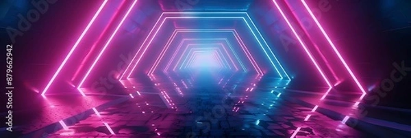 Fototapeta Neon Lights Abstract Background - Pink and Blue Glow Lines in a 3D Corridor