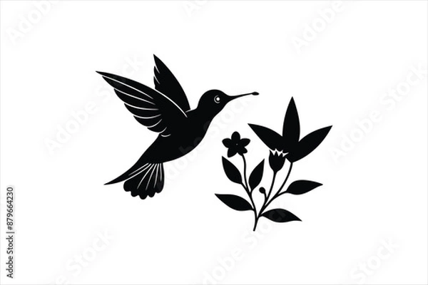 Fototapeta a minimalist Hummingbird Hovering Near Flowers silhouette black vector art illustration 