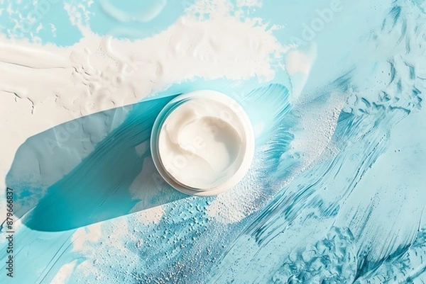 Fototapeta Top view of white cream jar on a blue and white abstract background, showcasing beauty product texture and composition.