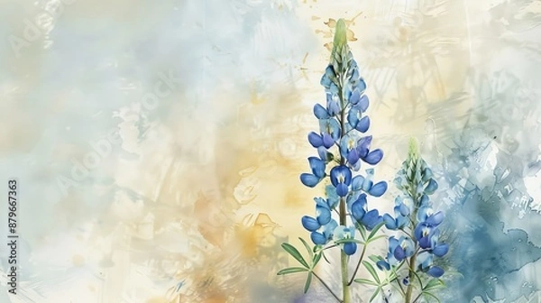 Fototapeta A serene image showcasing bluebonnet flowers set against a soft pastel sky, painted in watercolor style, evoking a sense of calmness and airy beauty in nature's landscape.