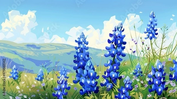 Fototapeta This image showcases a vibrant cluster of bluebonnet flowers set against a picturesque backdrop of rolling hills and a bright blue sky filled with fluffy clouds.