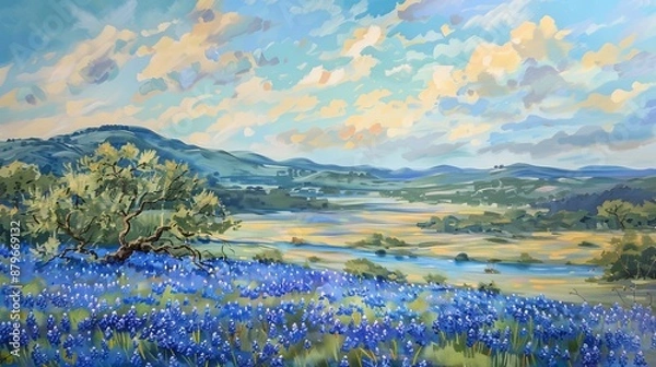 Fototapeta This image captures vibrant bluebonnets sprawling across open fields under a dynamic sky with colorful clouds, evoking feelings of serenity and natural beauty.