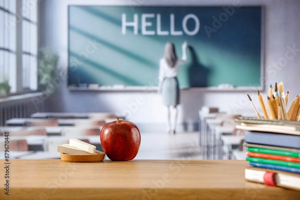 Fototapeta Wooden desk with copy space with blurred school classroom background. Copy space for products. Educational concept.
