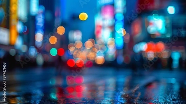 Fototapeta A dreamy view of a city street at night with vibrant, blurred lights reflecting off the wet pavement, creating a serene and colorful urban atmosphere that feels magical and surreal.