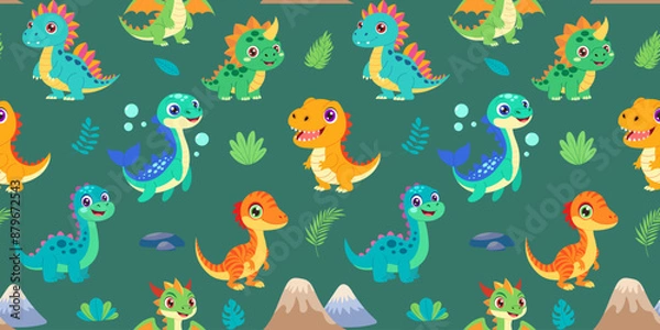 Fototapeta A green background with a bunch of different colored dinosaurs. The dinosaurs are all smiling and looking happy
