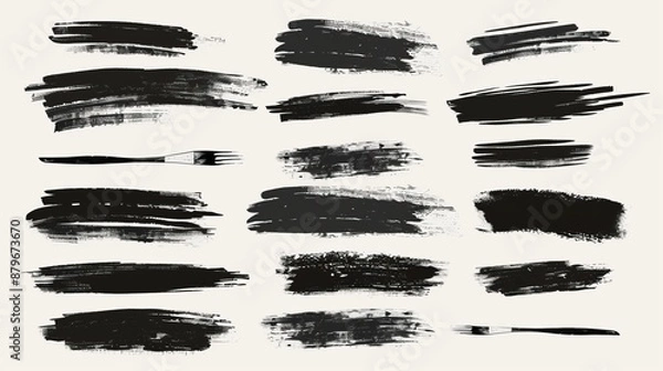 Obraz A collection of various black brush strokes on a white background, showcasing different styles and textures of paint application for digital design and art projects.