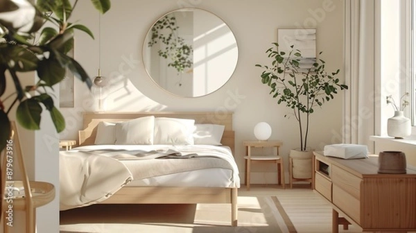 Fototapeta Bedroom in light colors with wooden eco furniture and accessories with a mirror and a panoramic window The concept of a laconic Scandinavian interior Copyspace : Generative AI