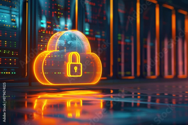 Obraz Glowing cloud with a padlock is illuminating a server room, symbolizing secure cloud computing and data protection