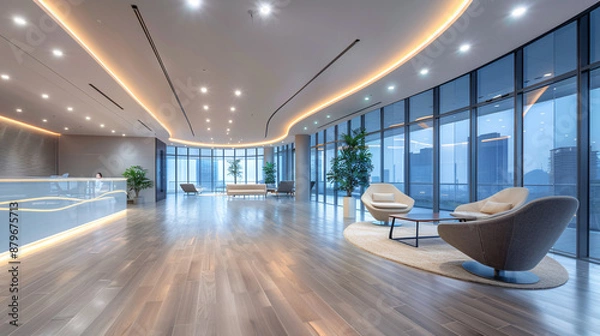 Fototapeta Modern Office Interior with Energy-Efficient LED Lighting, Sleek Design, and Warm Ambiance | Spacious Copy Space for Text