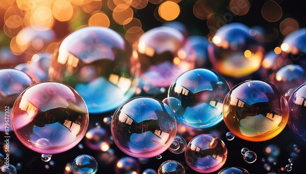 Fototapeta Rainbow soap bubbles against black background. Abstract multi-color backdrop. Bubble show.