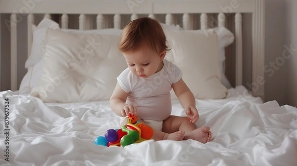 Fototapeta A baby girl wearing a white onesie sits on a white bed with a white comforter The baby is playing with colorful plastic toys The babys face is turned to the side and she is looking at  : Generative AI