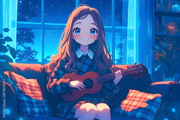 Fototapeta Girl playing the ukulele under a starry night sky visible through the window, with plush pillows and blankets around. Anime style, Cozy vibes