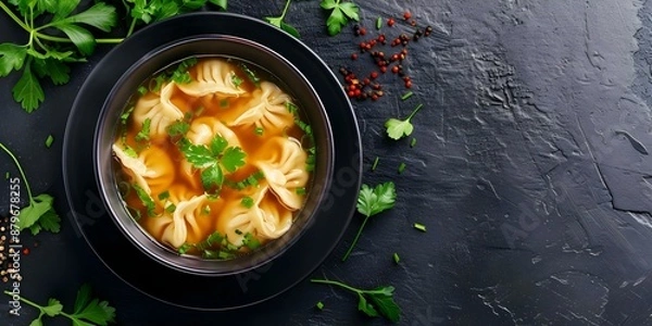 Fototapeta Delicious Chinese Wonton Soup with Pork or Chicken Dumplings in Flavorful Broth. Concept Chinese cuisine, Wonton soup, Pork dumplings, Chicken dumplings, Flavorful broth