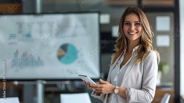 Obraz woman in business giving a presentation in an office room, successful woman, executive, finance, marketing, business, inspire, sales