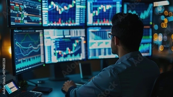 Fototapeta A businessman analyzes data on multiple monitors in a dark room.