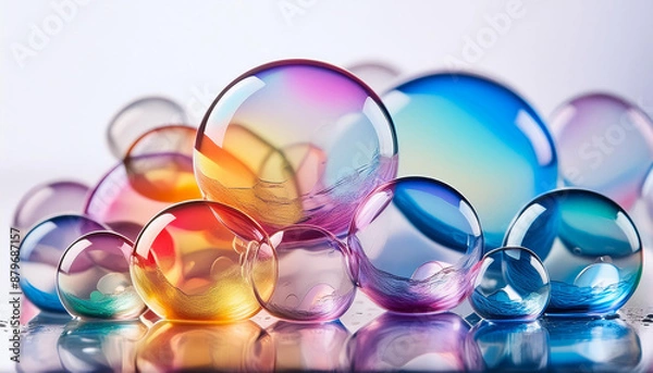 Obraz Rainbow soap bubbles against white background. Abstract multi-color backdrop. Bubble show.