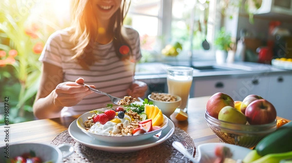 Fototapeta Bright and Healthy Breakfast with Fresh Fruits and Yogurt