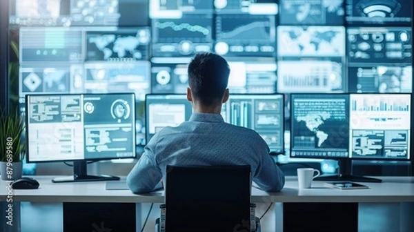 Obraz Insider threat detection system, featuring user activity monitoring, in a corporate IT environment, emphasizing internal threat protection.