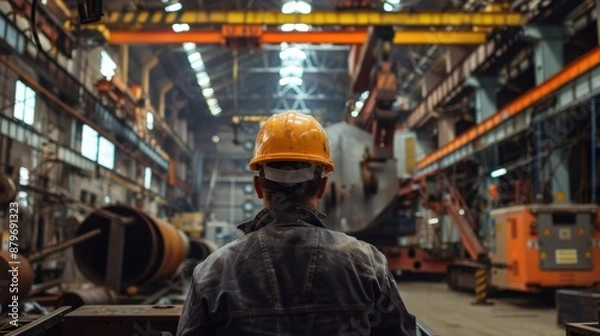Obraz Worker in a hard hat operating a large crane in a metal yard