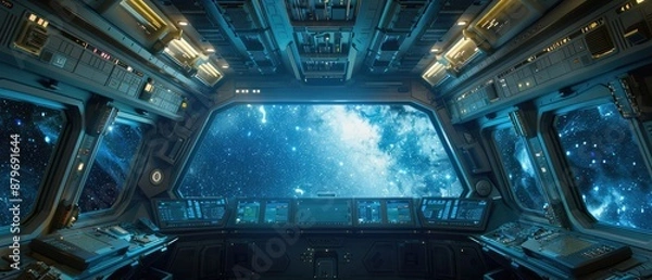 Fototapeta futuristic space station interior with sleek technology and endless stars visible through the window floating in the milky way galaxy