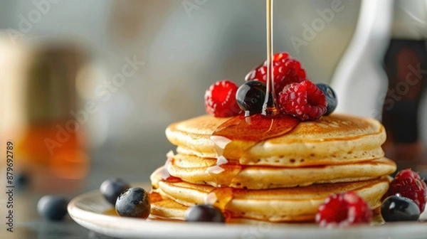 Fototapeta Stack of pancakes topped with fresh berries and drizzled with maple syrup