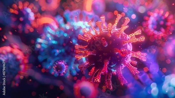 Fototapeta Vibrant neon lights showcasing the structure of a virus at high magnification