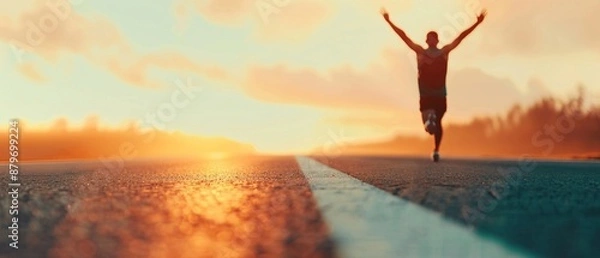 Fototapeta Goals, athlete crossing the finish line with triumphant expression, achievement and victory