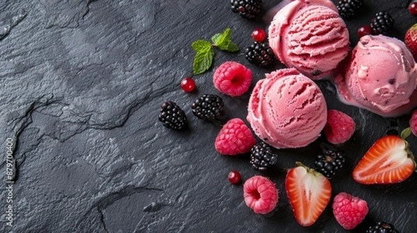 Obraz Delicious raspberry and blackberry ice cream on dark slate background