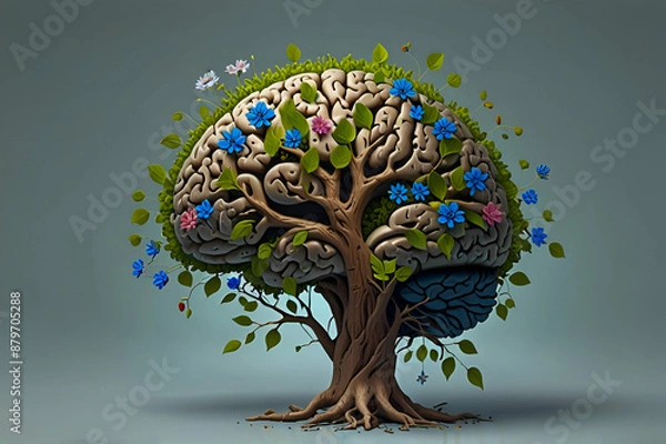 Obraz A tree full of leaves and flowers designed in the shape of a human brain. Mental health concept.