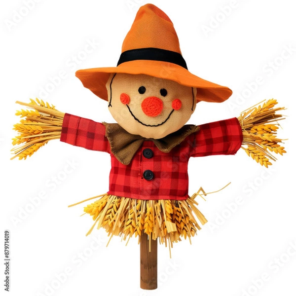 Obraz Smiling scarecrow with a red and black plaid shirt and a straw hat.