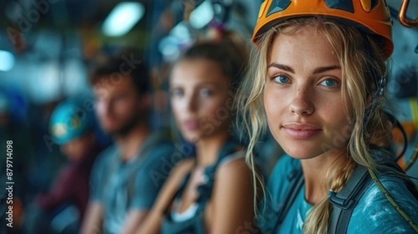 Fototapeta A blonde woman with blue eyes, wearing climbing gear including a helmet and harness, waits with her friends in the background, ready for an adventurous climb.